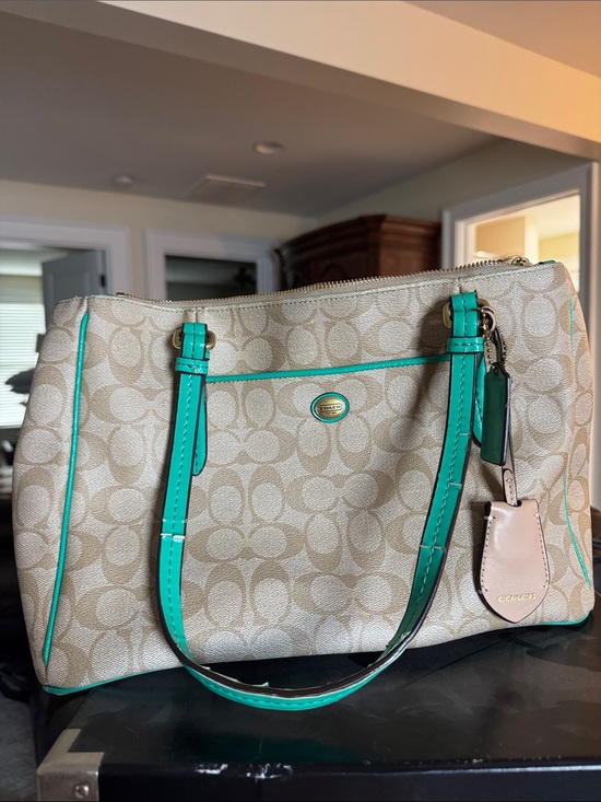 Coach Handbags - Coach Beige Signature Tote with Teal Trim and Straps